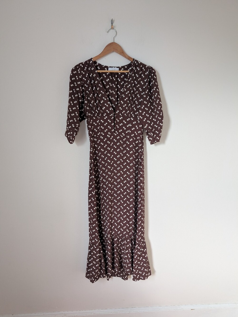 Flynn Skye Brown White Double Time Dots Print Elsie Corset Flowy Midi Dress